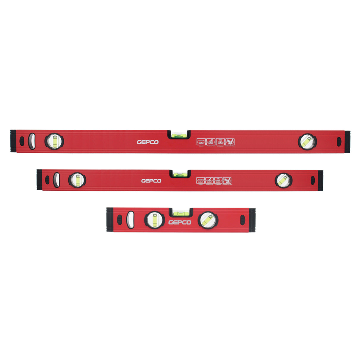 This 3-piece set of GEPCO professional aluminum spirit levels is a must-have for any DIY enthusiast or professional tradesperson. The set includes 30cm, 60cm, and 80cm levels, providing a versatile range for various applications.