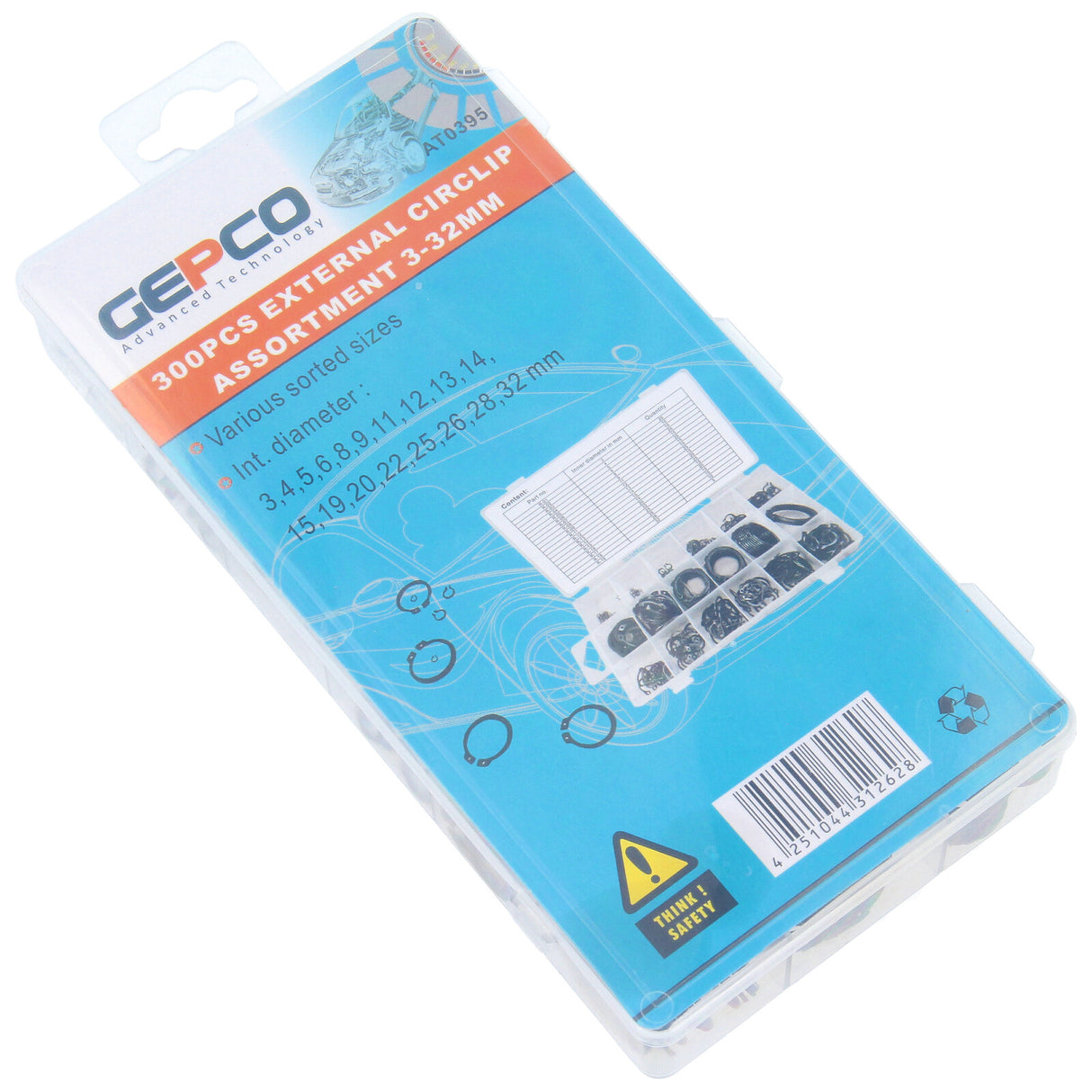 Assortimento di 300 anelli elastici di sicurezza interni Ø3-32 mm + set di pinze di bloccaggio