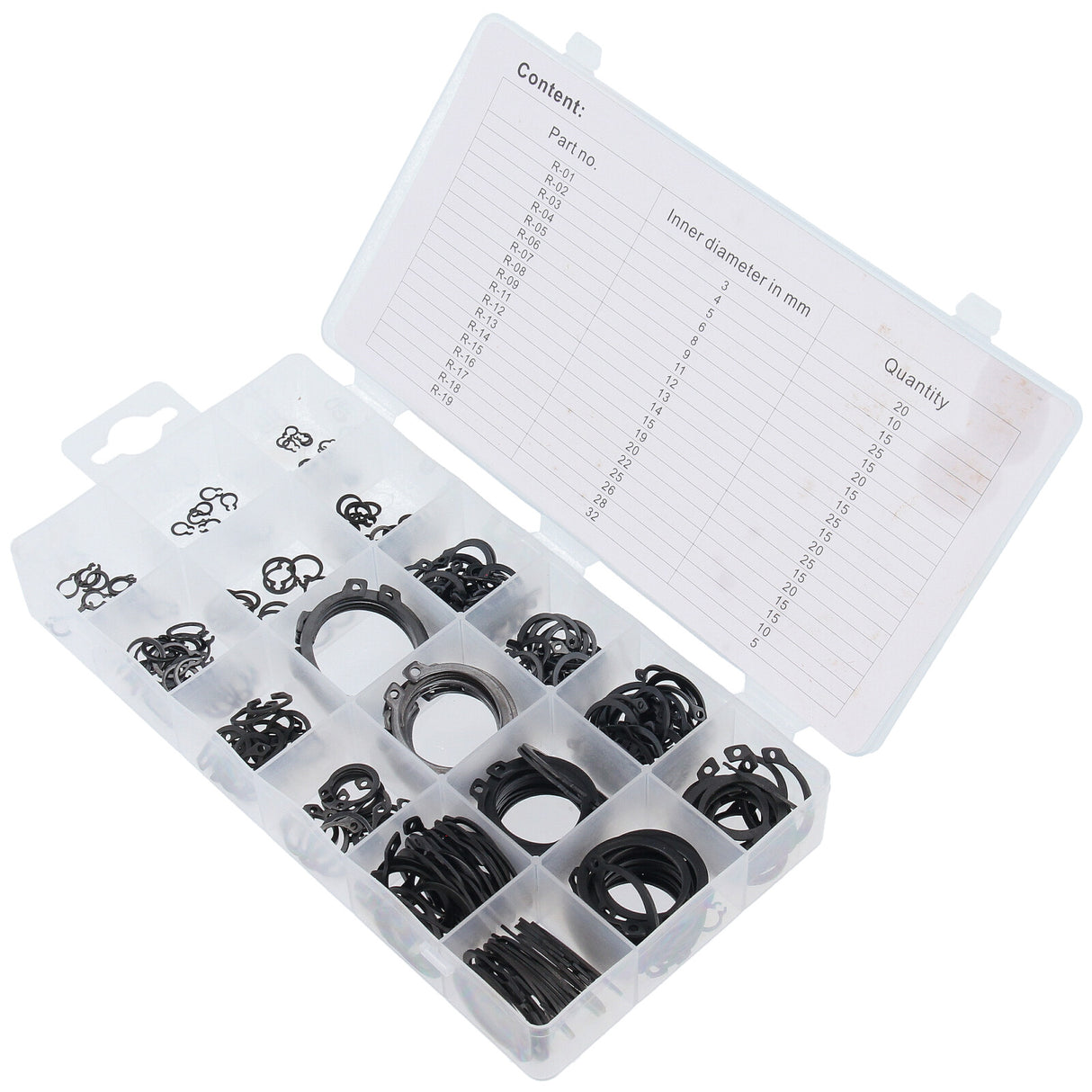 Assortimento di 300 anelli elastici di sicurezza interni Ø3-32 mm + set di pinze di bloccaggio