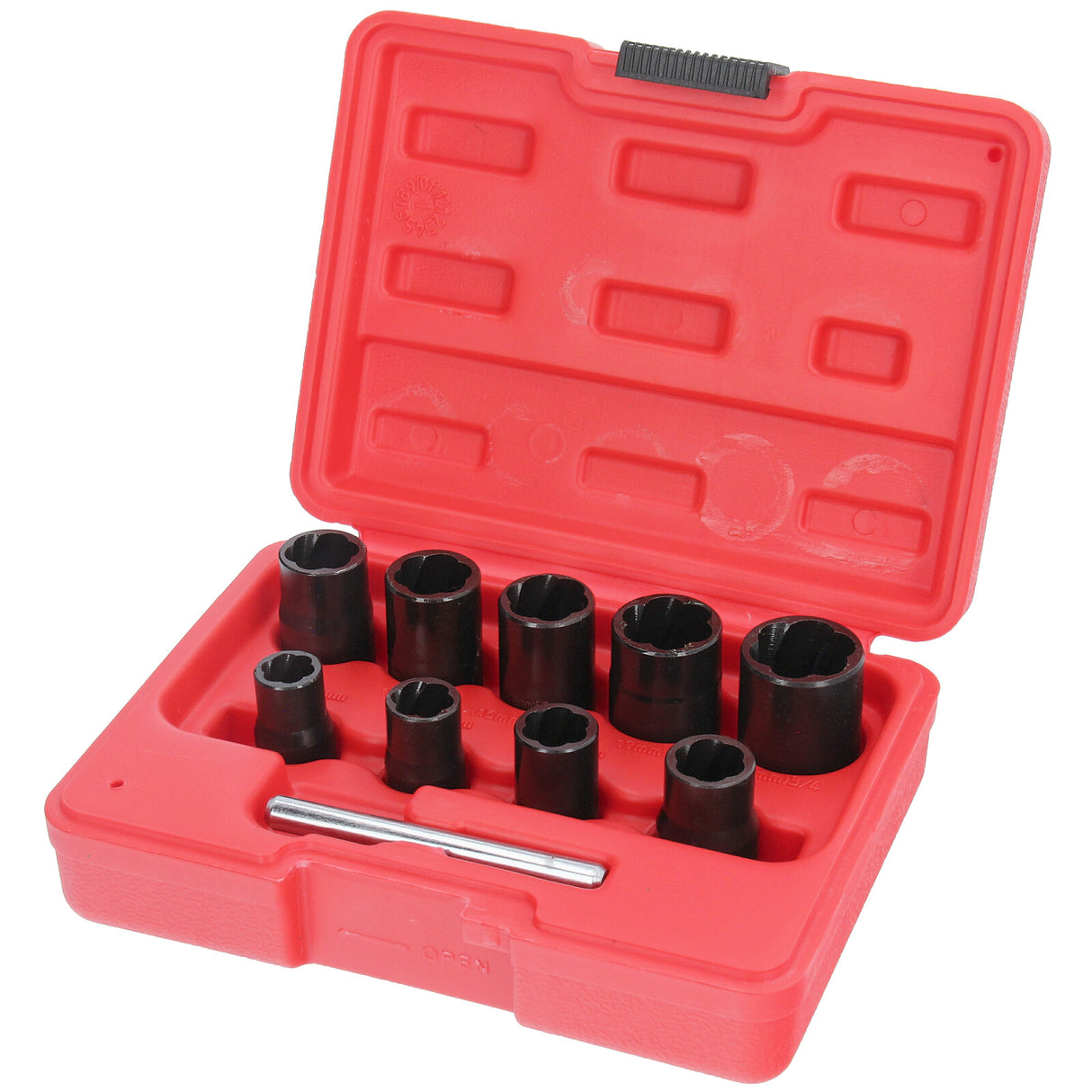 10-tlg. Linksausdreher-Set (2/5): Detailansicht der Ausdrehnüsse für defekte Schrauben & Muttern.