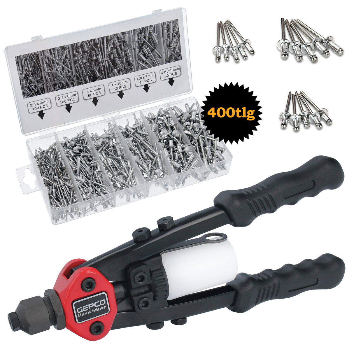 Pinze per rivetti professionali, pinze per rivetti ciechi, pinze per rivetti a strappo, rivetti con scatola di rivetti ciechi da 400 pezzi