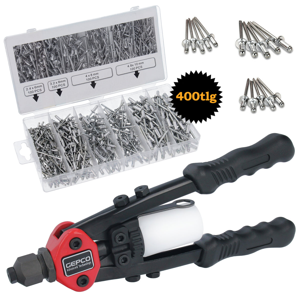 Pinza per rivetti ciechi, pinza per rivetti a braccio lungo, pinza per rivetti ciechi con rivetti a strappo, set da 400 pezzi