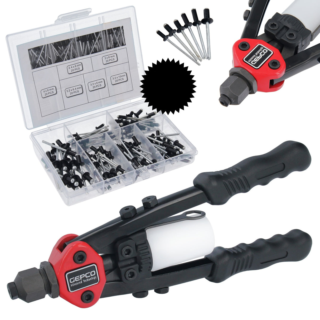 Pinza per rivetti professionale a braccio lungo, pinza per rivetti ciechi con set di rivetti a strappo da 120 pezzi