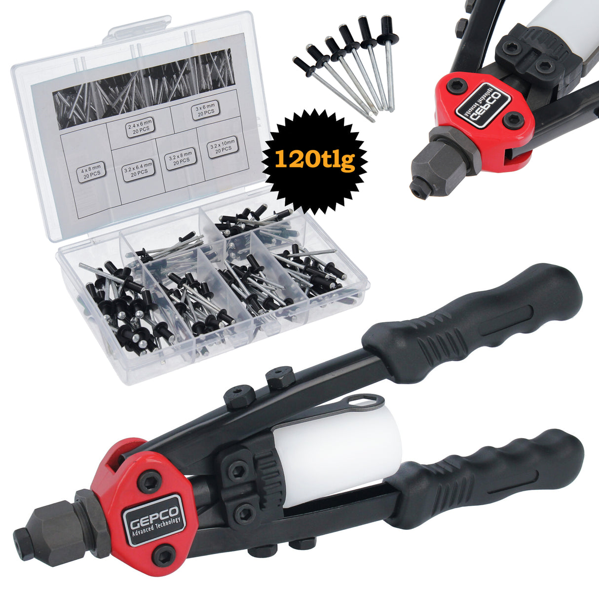 Pinza per rivetti professionale a braccio lungo, pinza per rivetti ciechi con set di rivetti a strappo da 120 pezzi