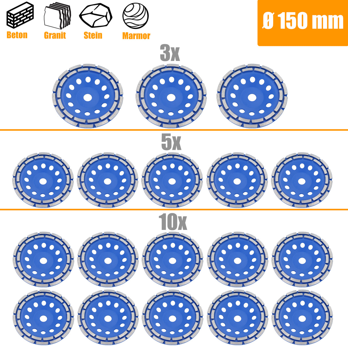 3/5/10 Disco abrasivo diamantato a doppia fila Disco abrasivo a tazza Calcestruzzo Ø 150mm