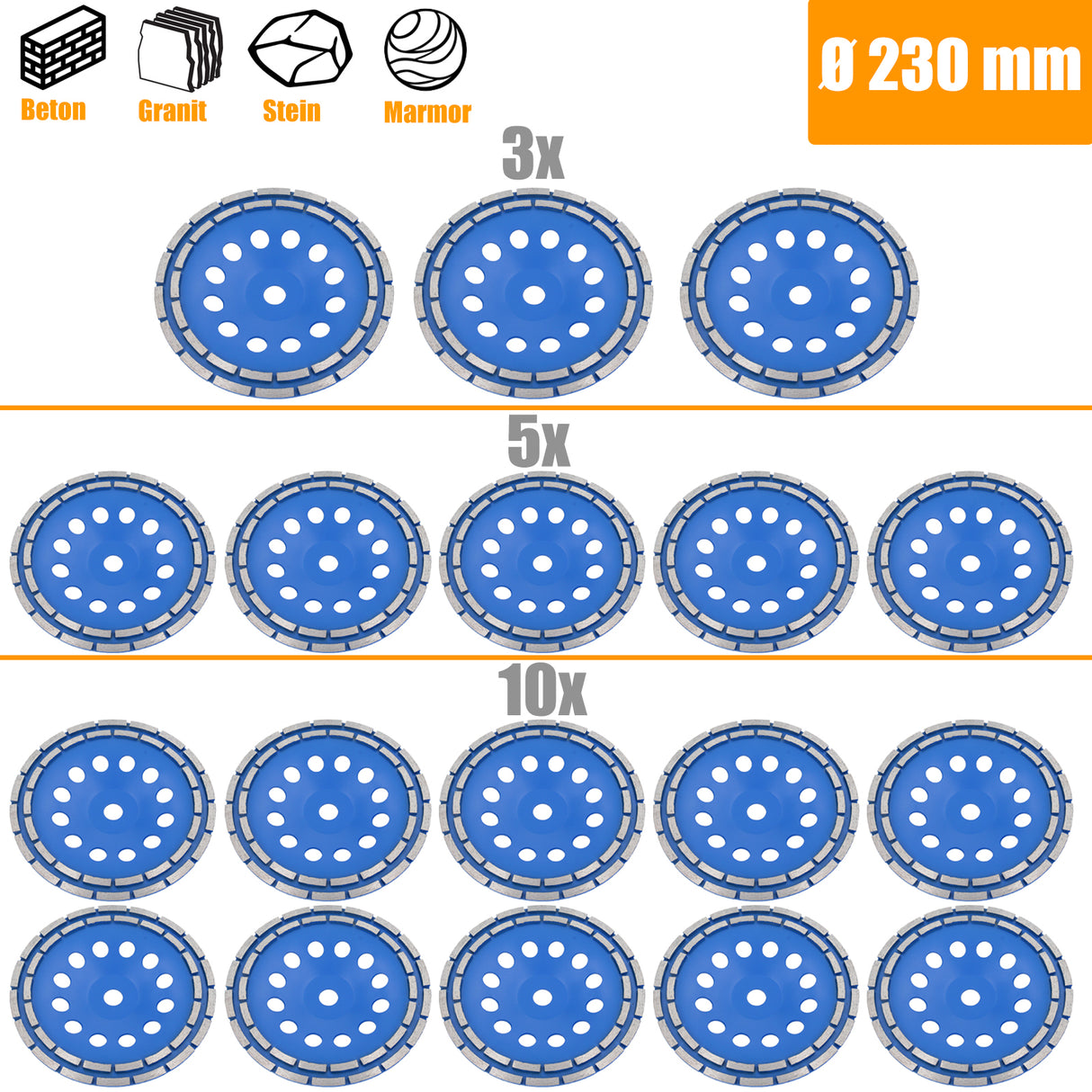 3/5/10 Disco abrasivo diamantato a doppia fila Disco abrasivo a tazza Calcestruzzo Ø 230mm