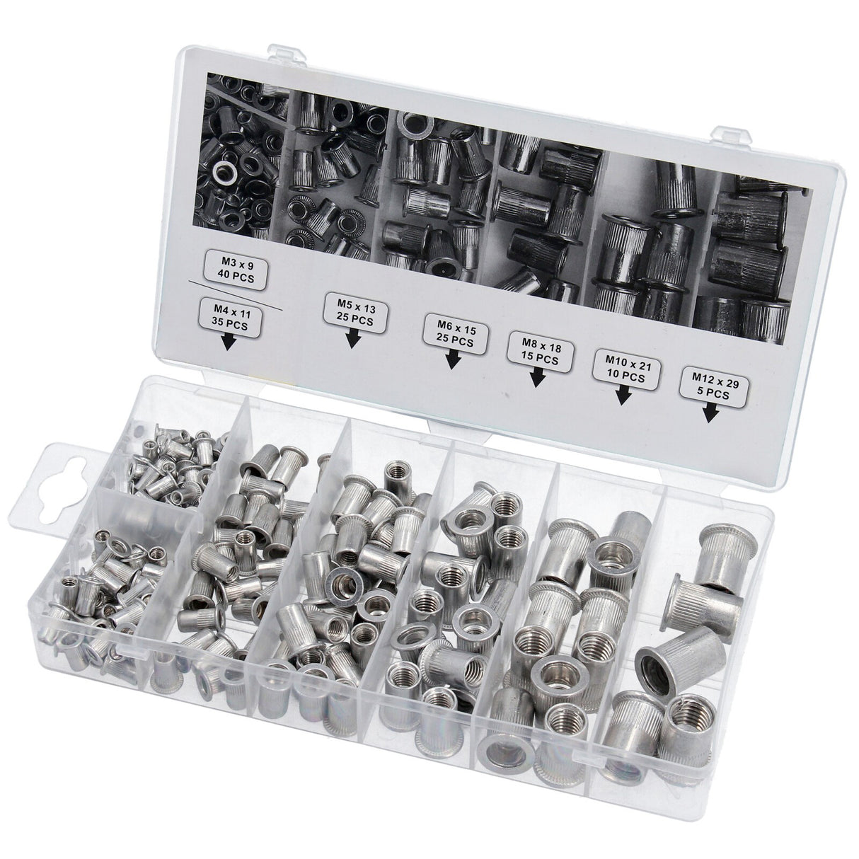 Assortimento di dadi per rivetti ALU, set di dadi per rivetti ciechi, dadi per rivetti, 155 pezzi M3-M12