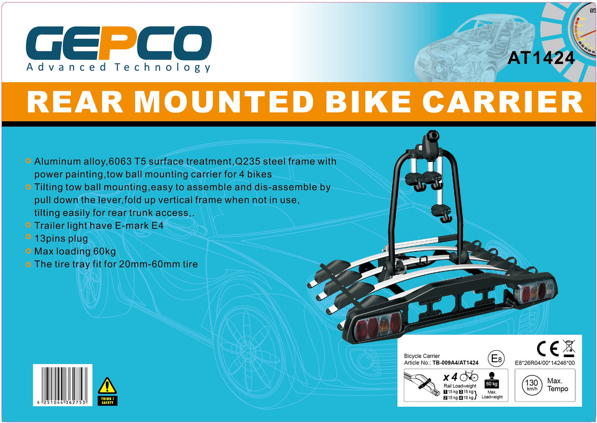 Portabici GEPCO per 4 bici posteriore gancio traino pieghevole 60 kg
