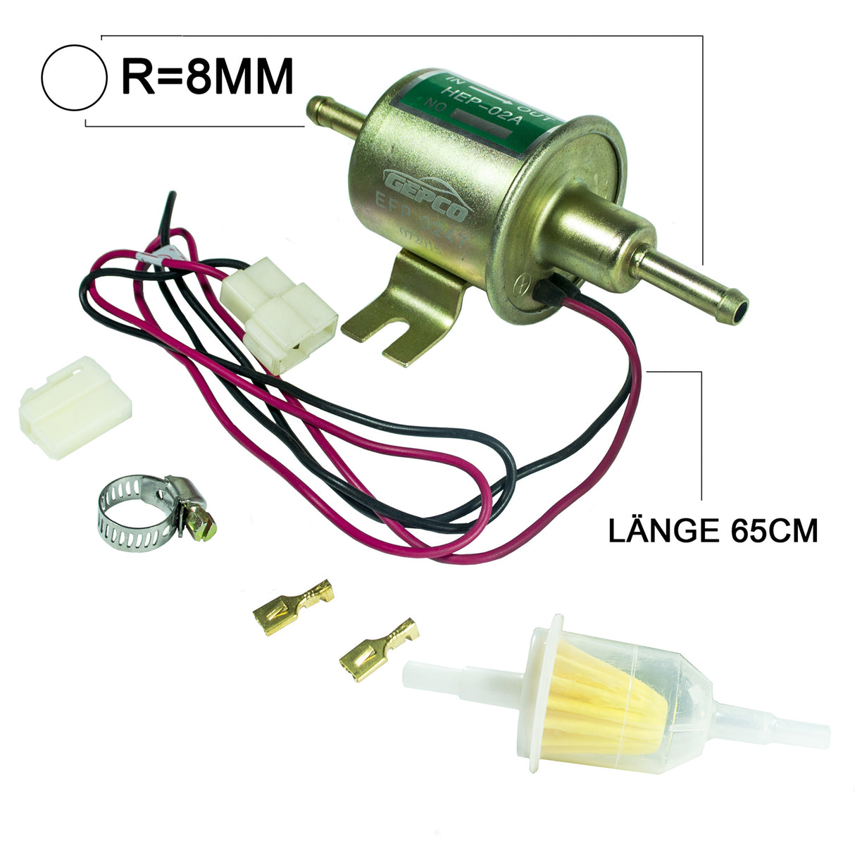 Pompa carburante universale a membrana con filtro D=8mm lunghezza cavo 650 mm