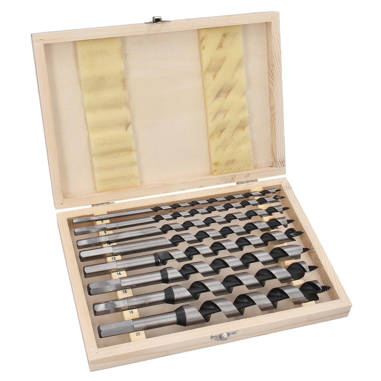 Studio shot of the 8-piece GEPCO Advanced Technology auger drill bit set (230mm length) in its wooden case. Complete set of high-quality wood drill bits for professional and DIY woodworking projects. Includes various diameters for versatile applications.
