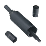 CV axle hub installer tool in use, pulling a drive shaft into a wheel hub on an Audi vehicle. Tool in operation.