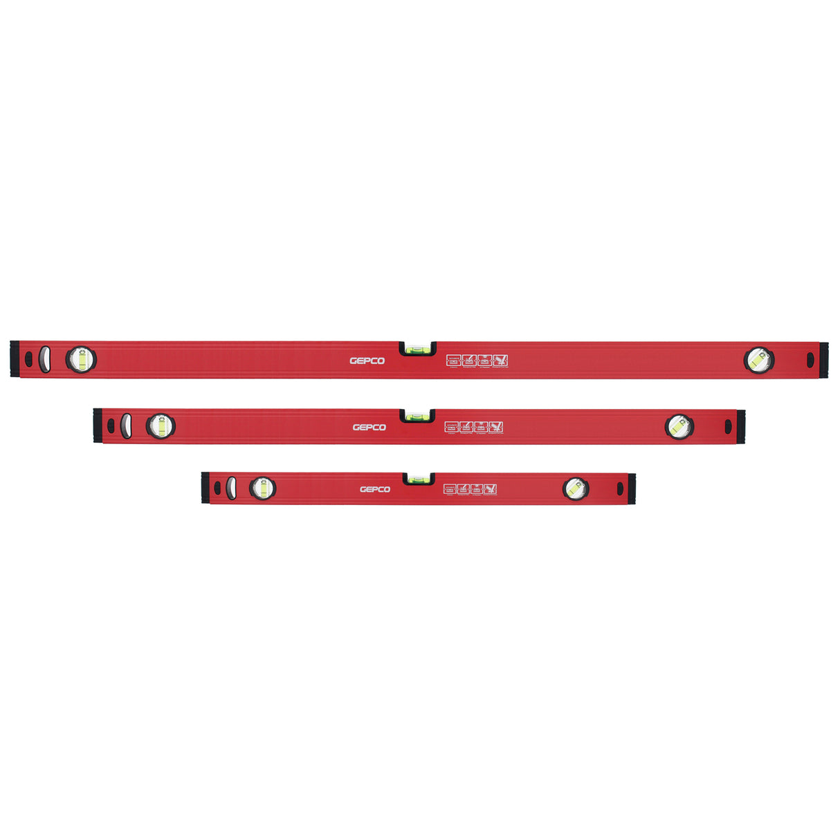 The complete 3-piece GEPCO Professional Aluminum Spirit Level Set, ideal for precise measurements in any situation.