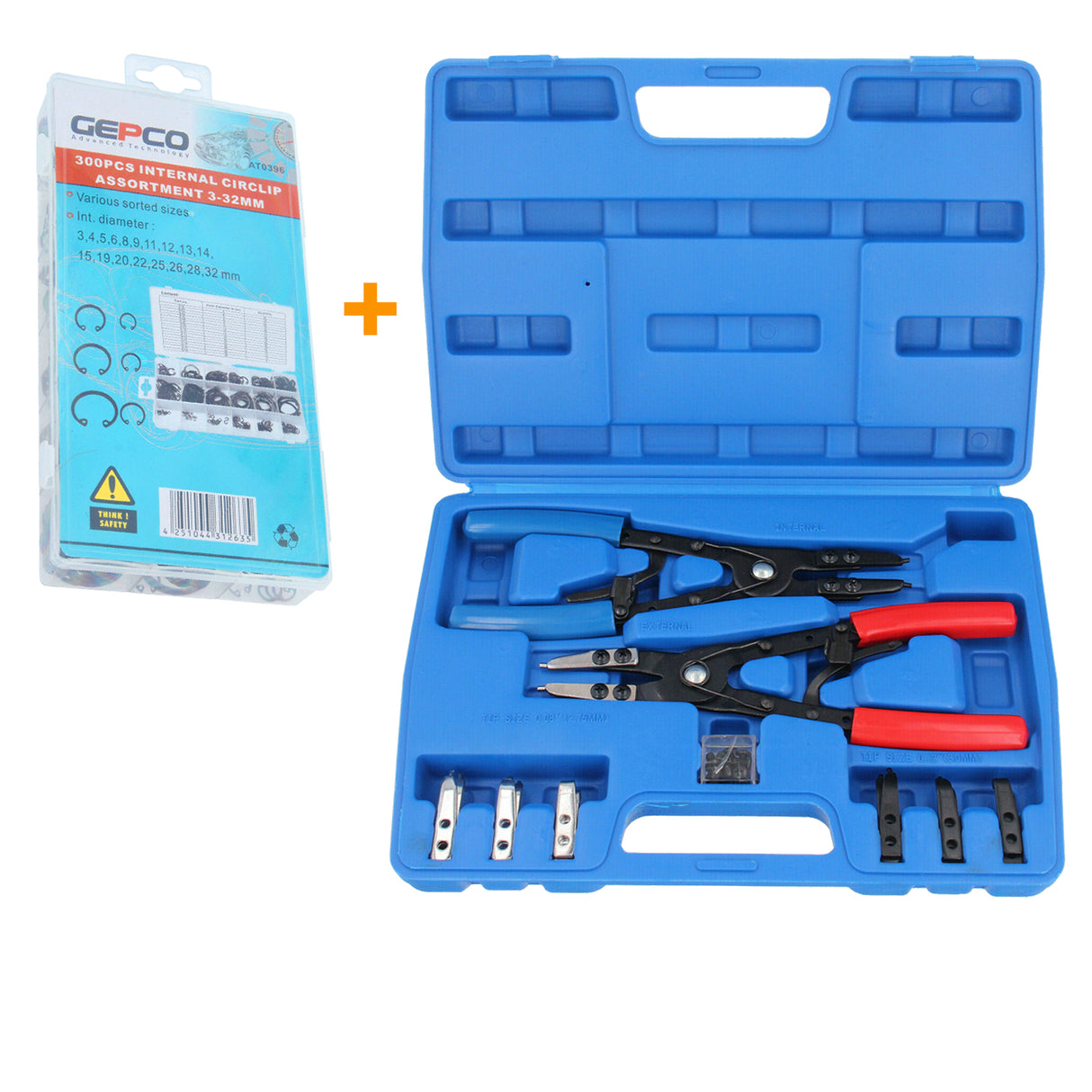 Assortimento di 300 anelli elastici di sicurezza interni Ø3-32 mm + set di pinze di bloccaggio