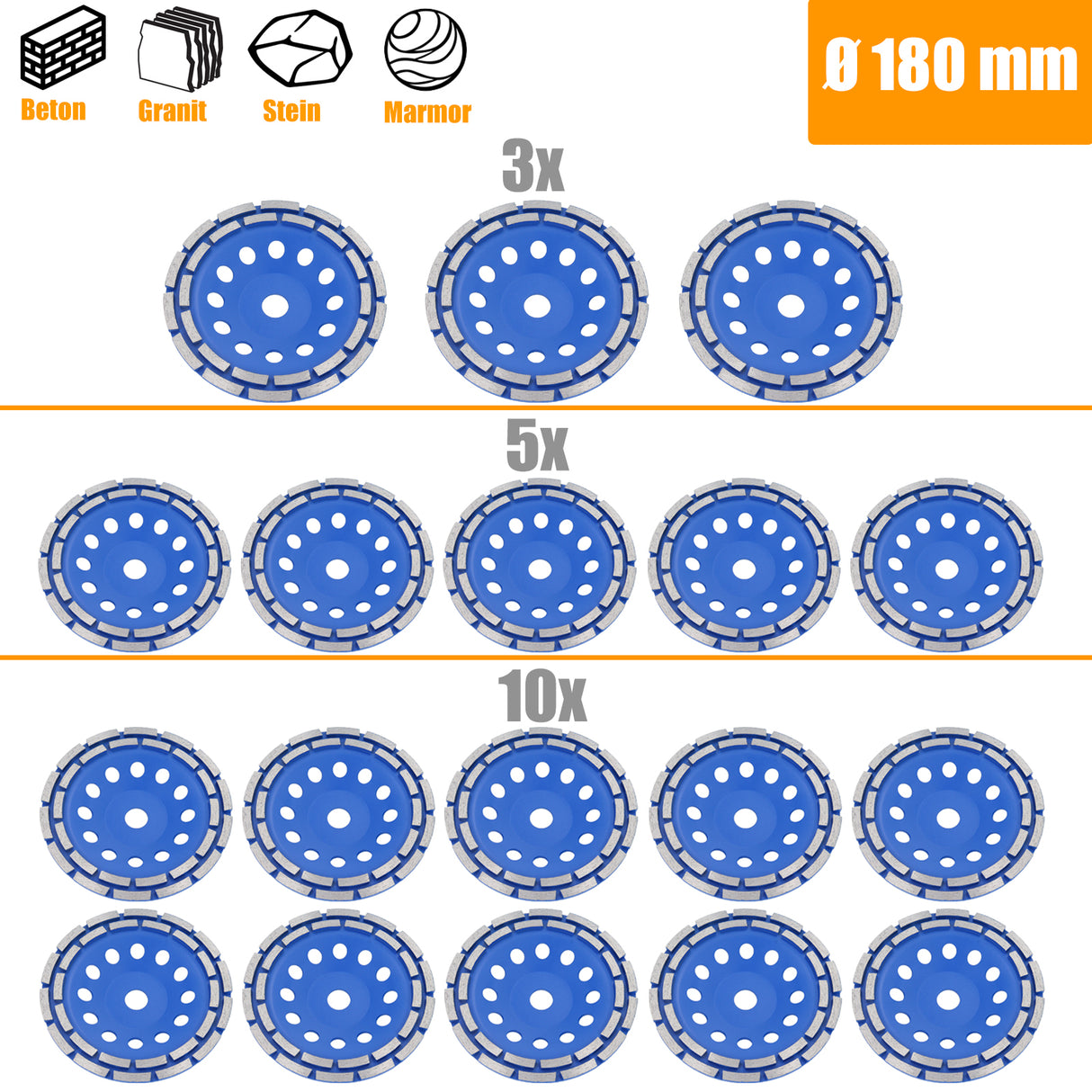 3/5/10 Disco abrasivo diamantato a doppia fila Disco abrasivo a tazza Calcestruzzo Ø 180mm
