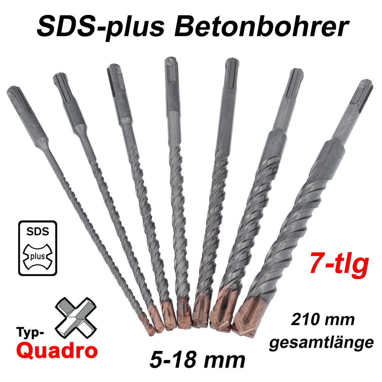Set punte per calcestruzzo SDS-plus 7 pezzi trapano a percussione Quadro 5mm - 18mm lunghezza 210mm